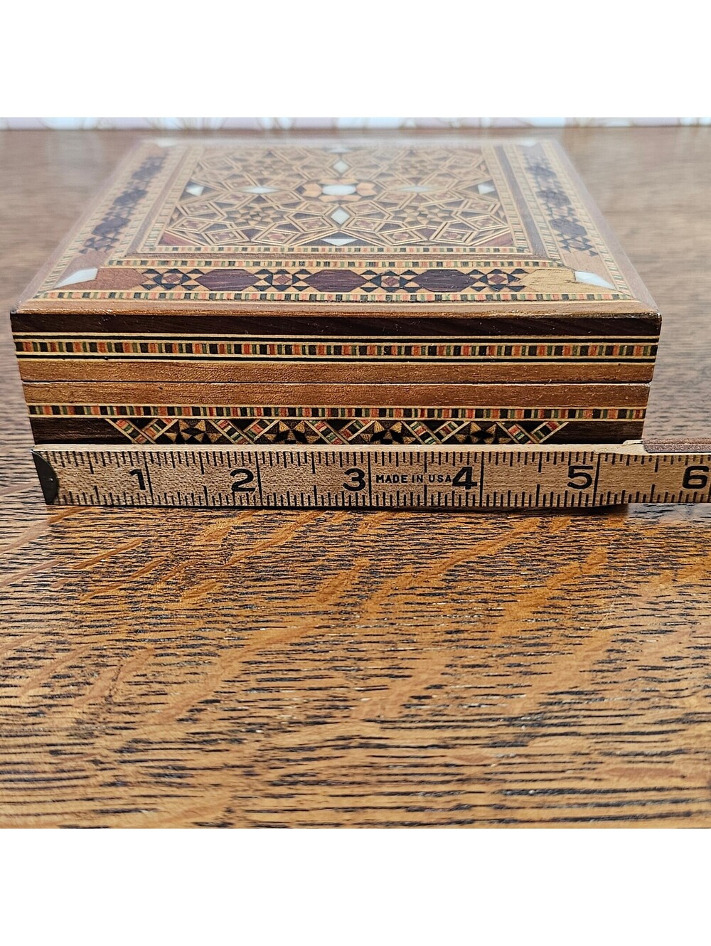 Vintage Damascus Mosaic Wood Jewelry Box Mother of Pearl Inlay 5 Inch - Picture 12 of 14